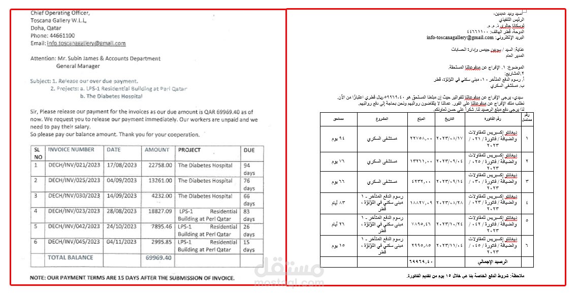 ترجمة وتنسيق فواتير