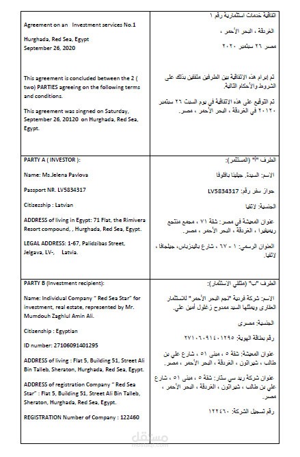 ترجمة لاتفاقية استثمارية