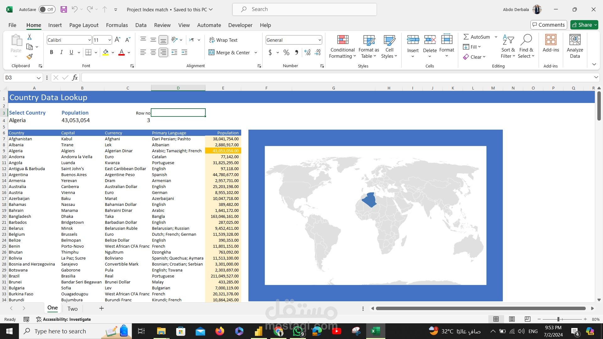 Country data lookup using Excel