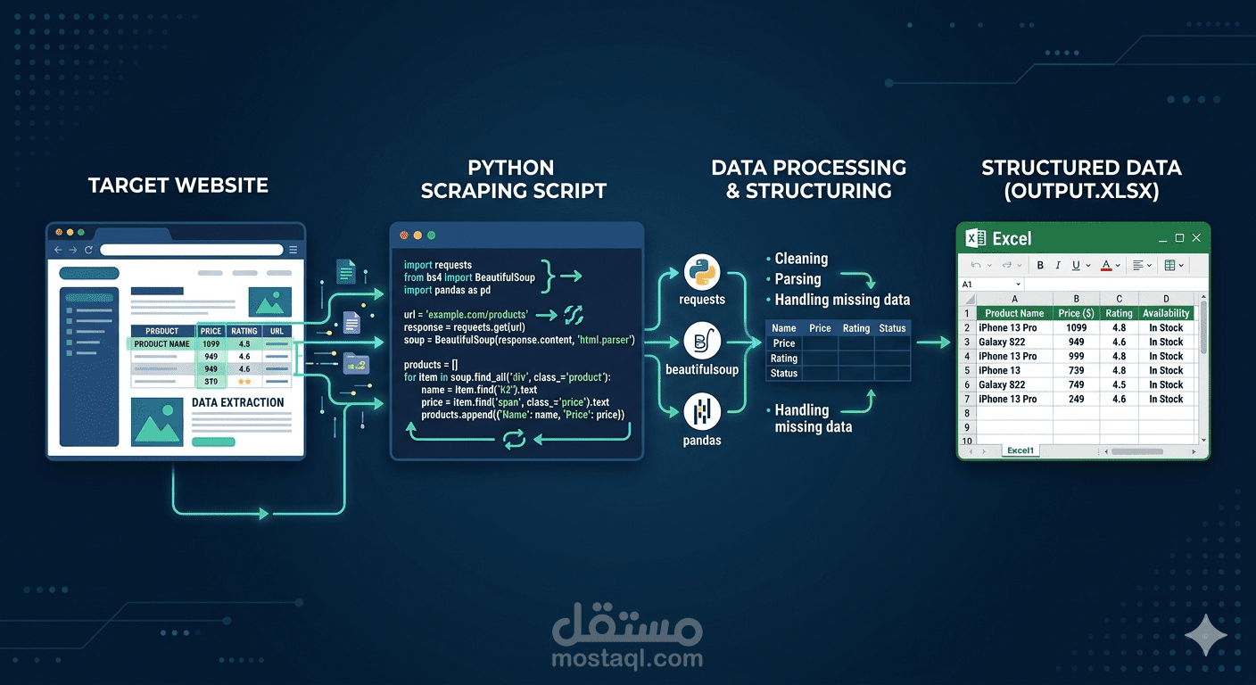 سكريبت Python لسحب البيانات من المواقع وتصديرها Excel