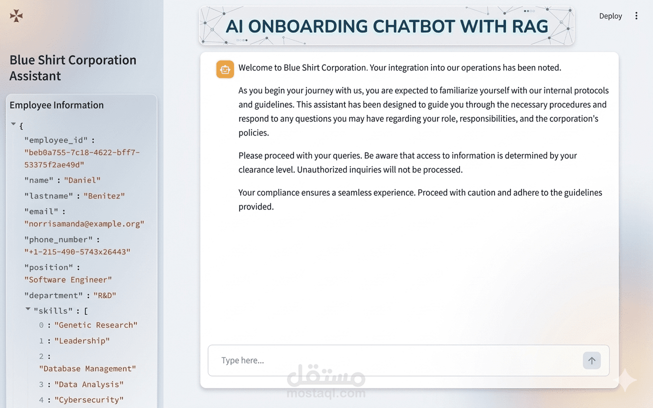 شات بوت للـ Onboarding بالذكاء الاصطناعي باستخدام RAG لقواعد معرفة الشركات