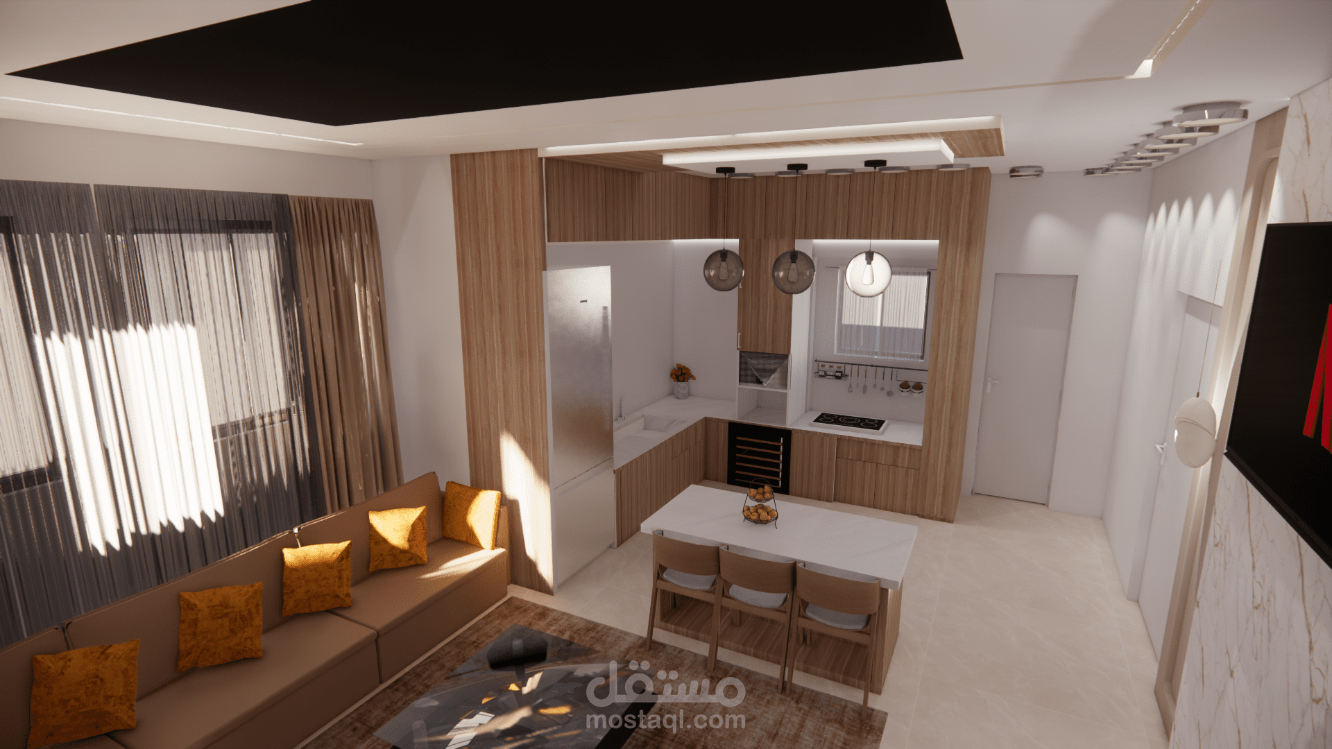 تصميم غرفة معيشة مع مطبخ