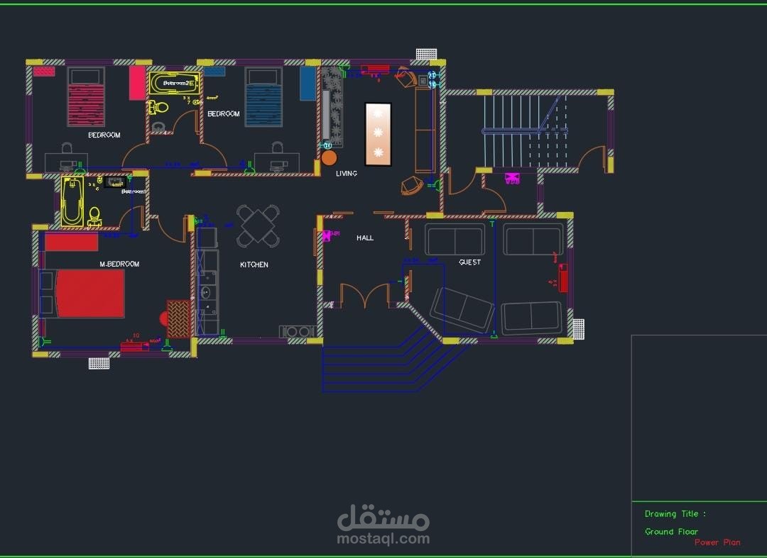 تصميم مخطط انارة و بور و توزيع الاحمال على القواطع على برنامج الاوتوكاد