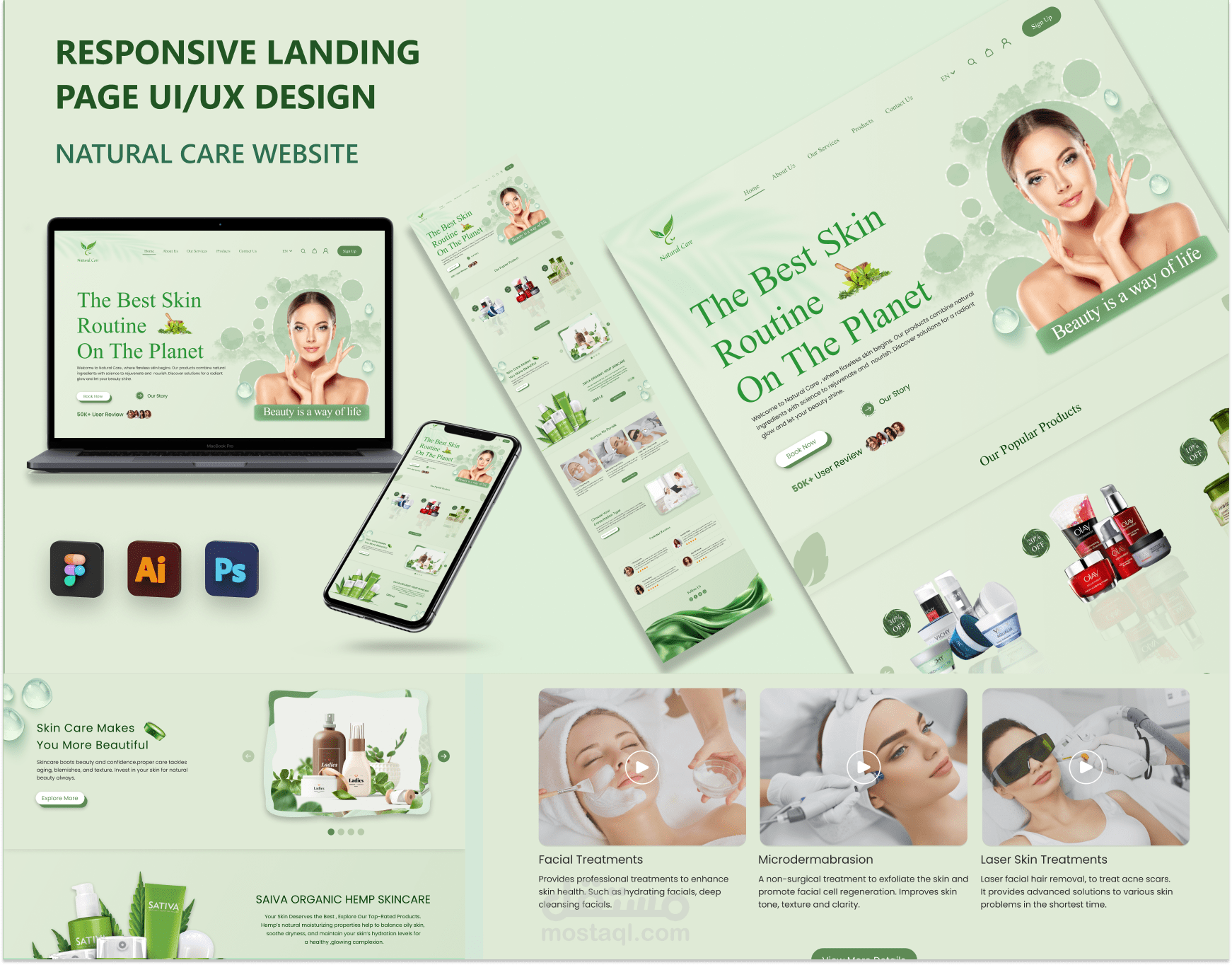 صفحة هبوط مستجيبه وجذابة خاصة بالعناية بالبشرة لموقع يُسمي "Natural Care" .