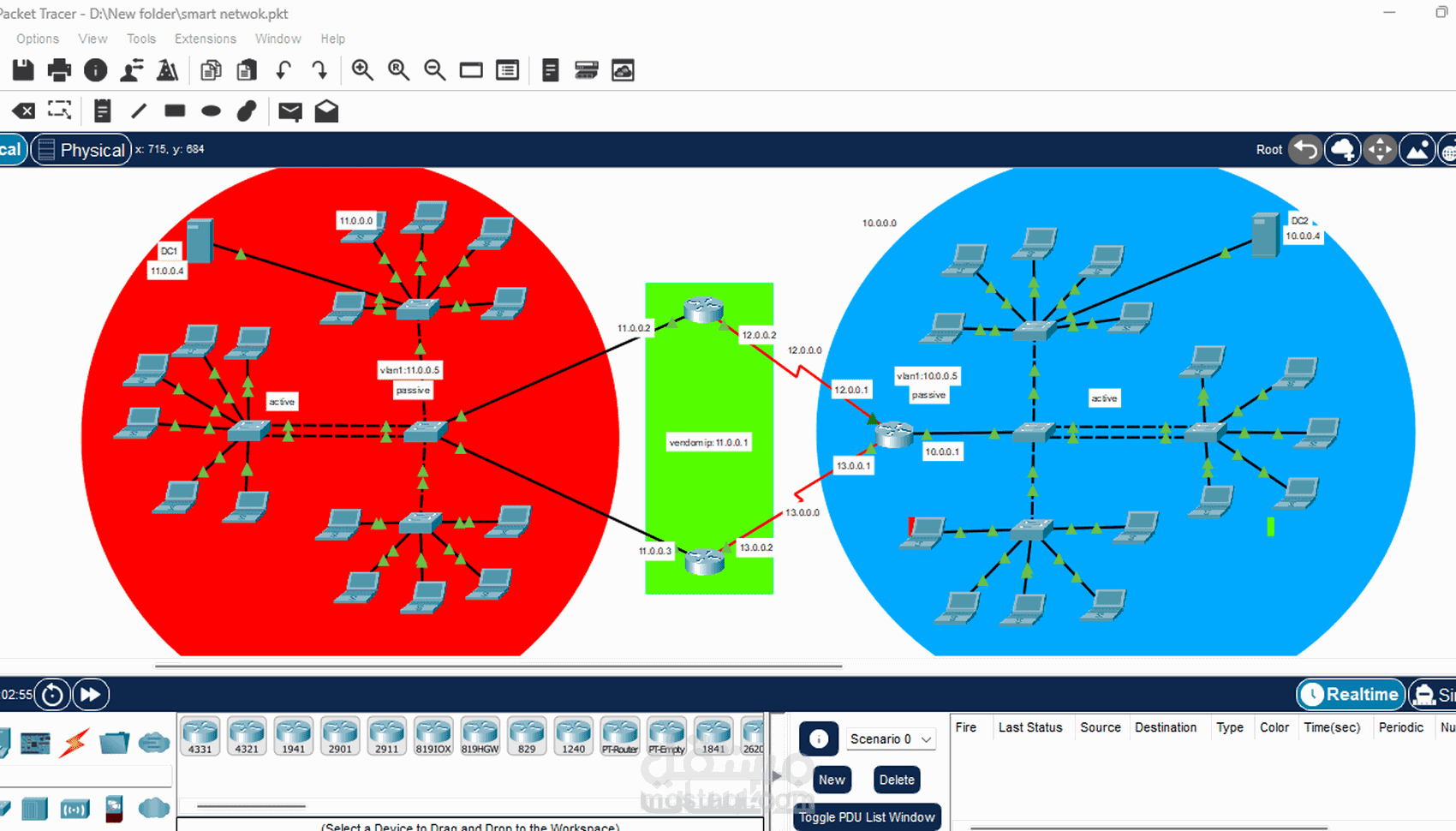 تصميم ربط فرعين علي packet tracer