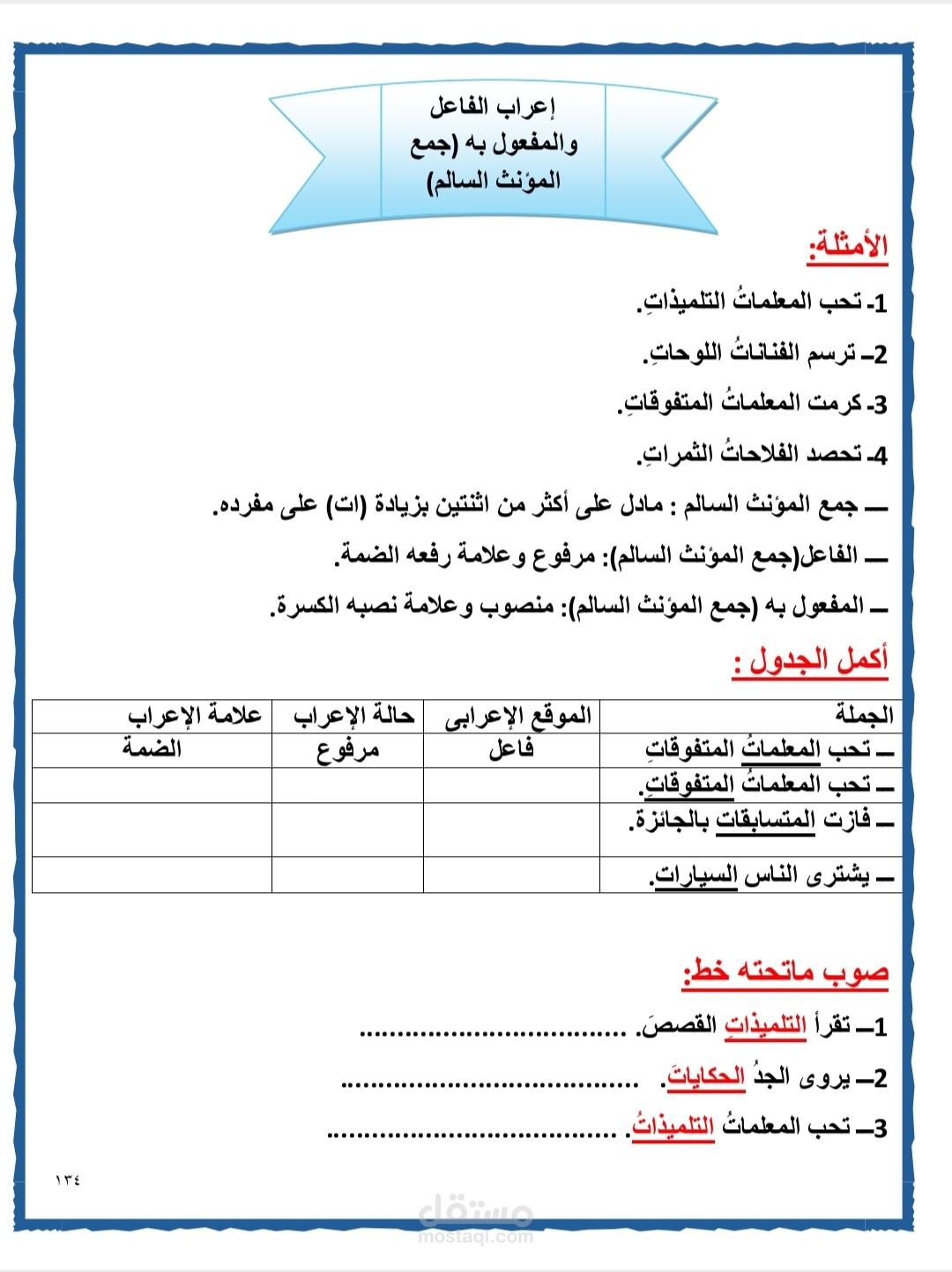 إعراب الفاعل والمفعول به جمع المؤنث السالم