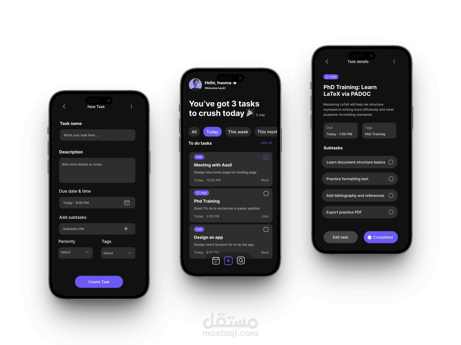 تصميم تطبيق إدارة المهام بواجهة داكنة عصرية to do list app