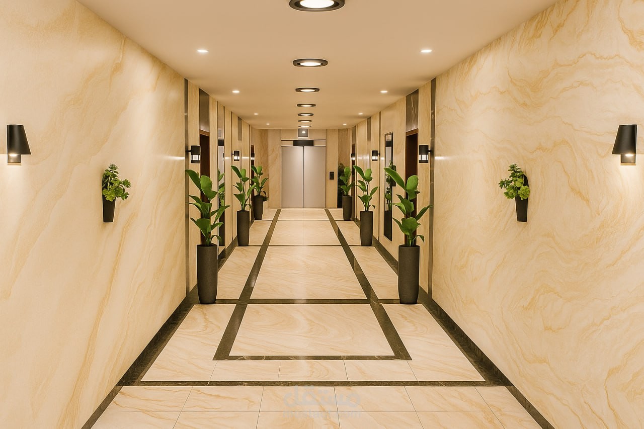 تصميم داخلي ثلاثي الأبعاد لممر عصري بأناقة الرخام والإضاءة الحديثة