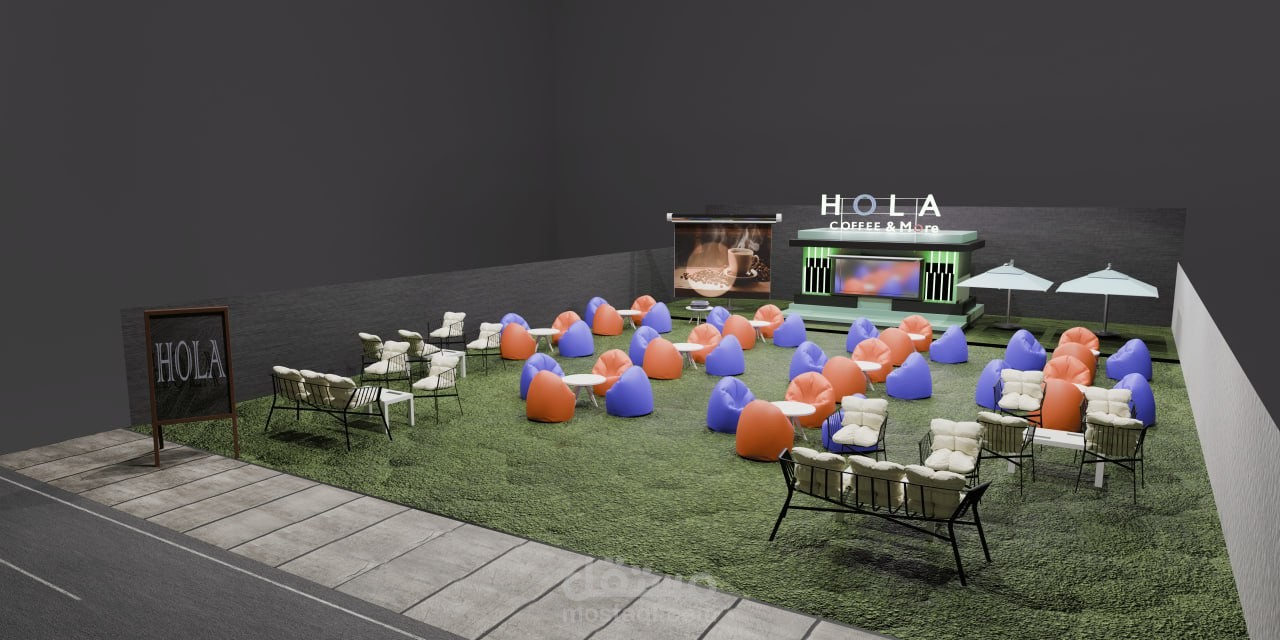 تصميم ثلاثي الأبعاد لمساحة مقهى وجلسات خارجية (Outdoor Cafe)