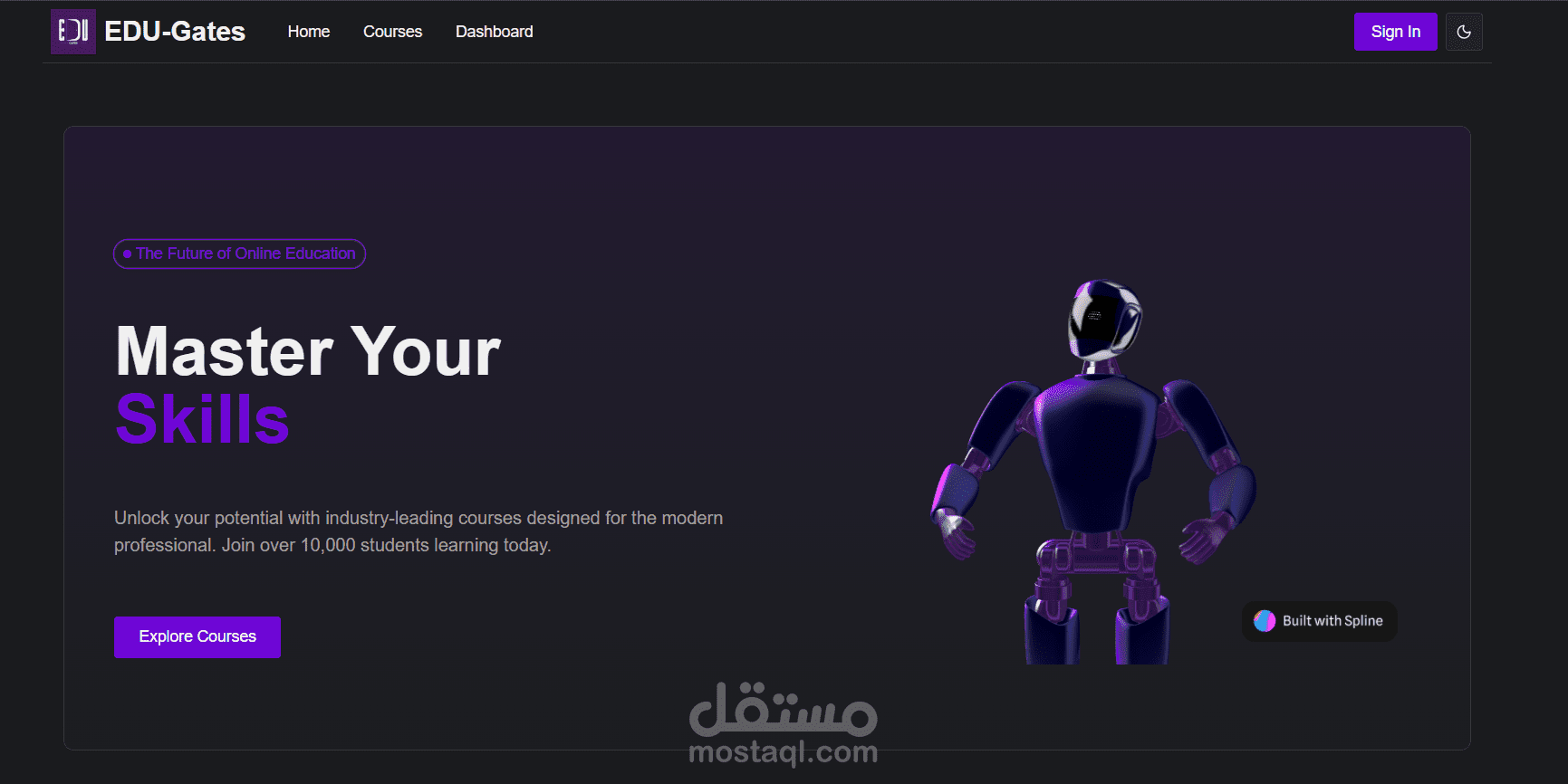 EDU-Gates — واجهة منصة تعليم إلكتروني | Next.js · روبوت 3D تفاعلي · نظام مصادقة