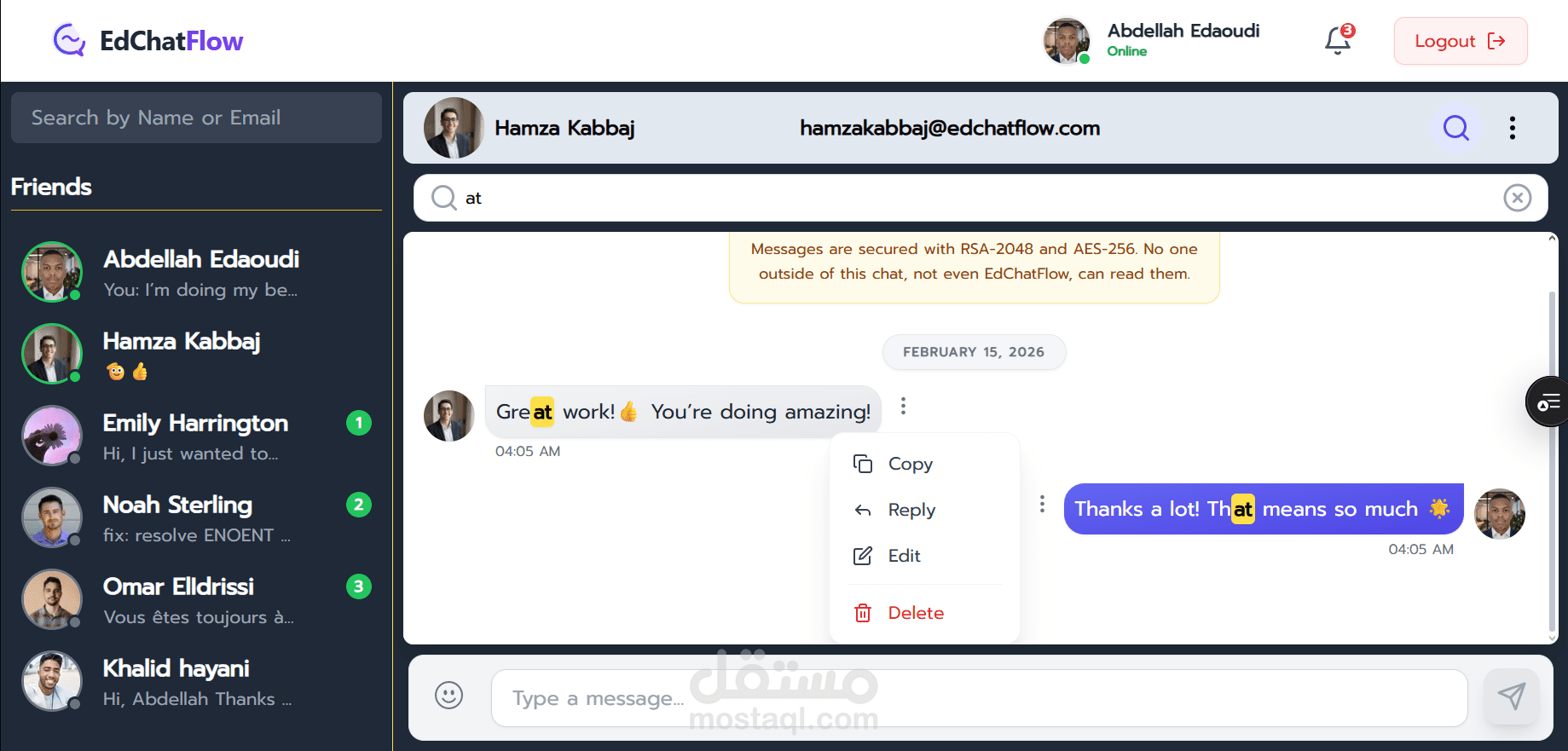 نظام دردشة فورية آمن بتقنيات Real-time وEnd-to-End Encryption