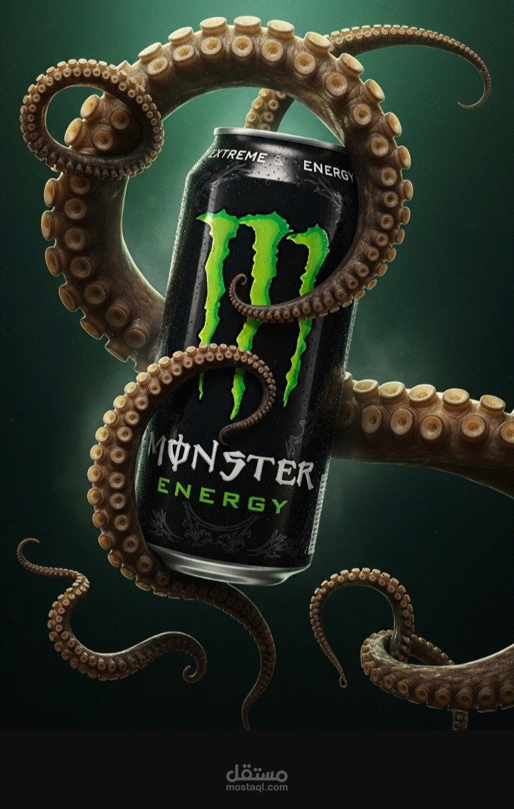 تصميم إعلاني واقعي لمشروب طاقة بدمج عناصر خيالية – إبداع واحتراف