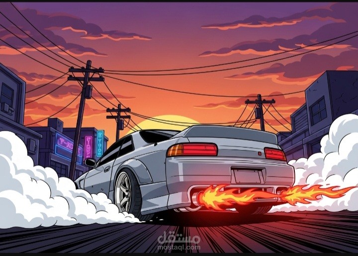 تصميم فني بأسلوب كرتوني لسيارة سباق في مشهد غروب حماسي