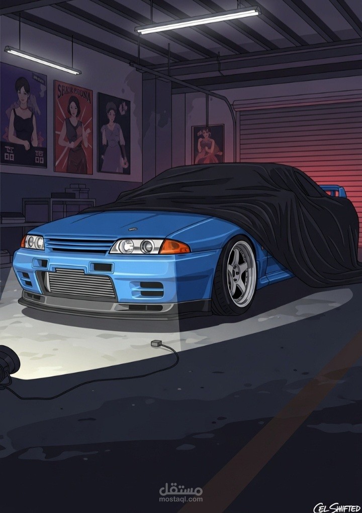 تصميم رقمي بأسلوب أنيمي لسيارة رياضية في جراج احترافي