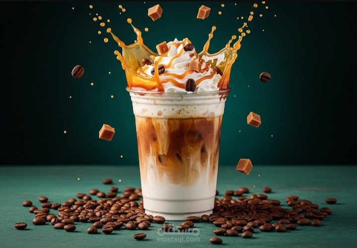تصميم إعلاني واقعي لمشروب قهوة باردة مع تأثيرات انتعاش وحركة