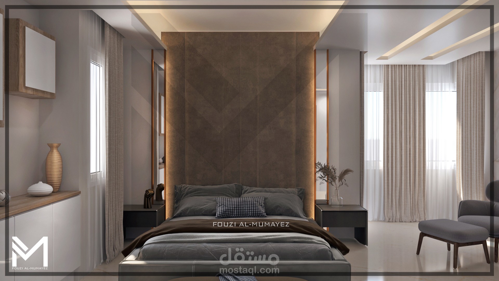 غرفة نوم رئيسية مع جلسة خاصة وحمام وغرفة ملابس