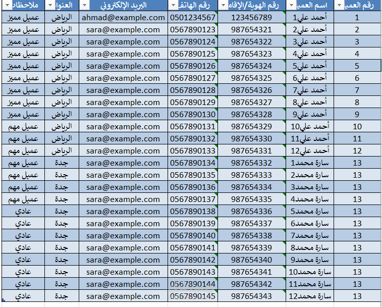 ملف اكسيل لشركة تأجير سيارات افتراضي