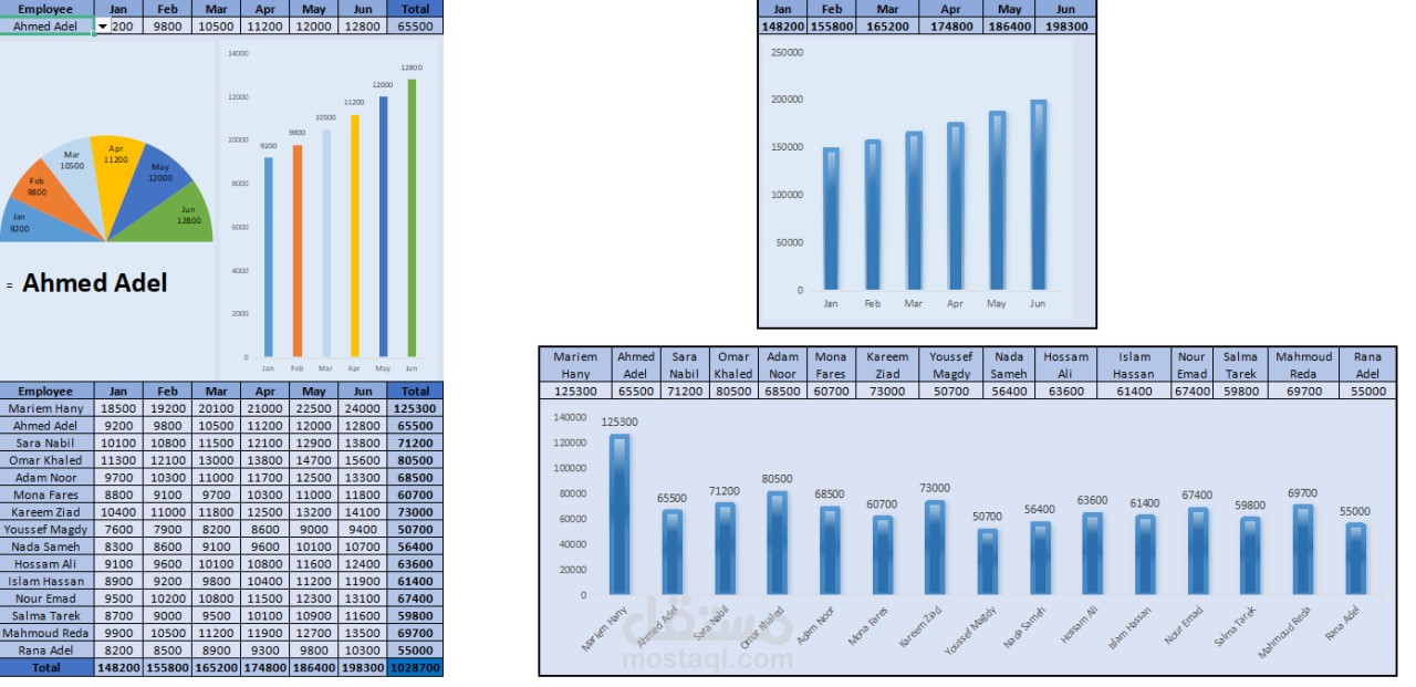 لوحة معلومات أداء الموظفين – إحصائيات فردية ورسوم بيانية تفاعلية