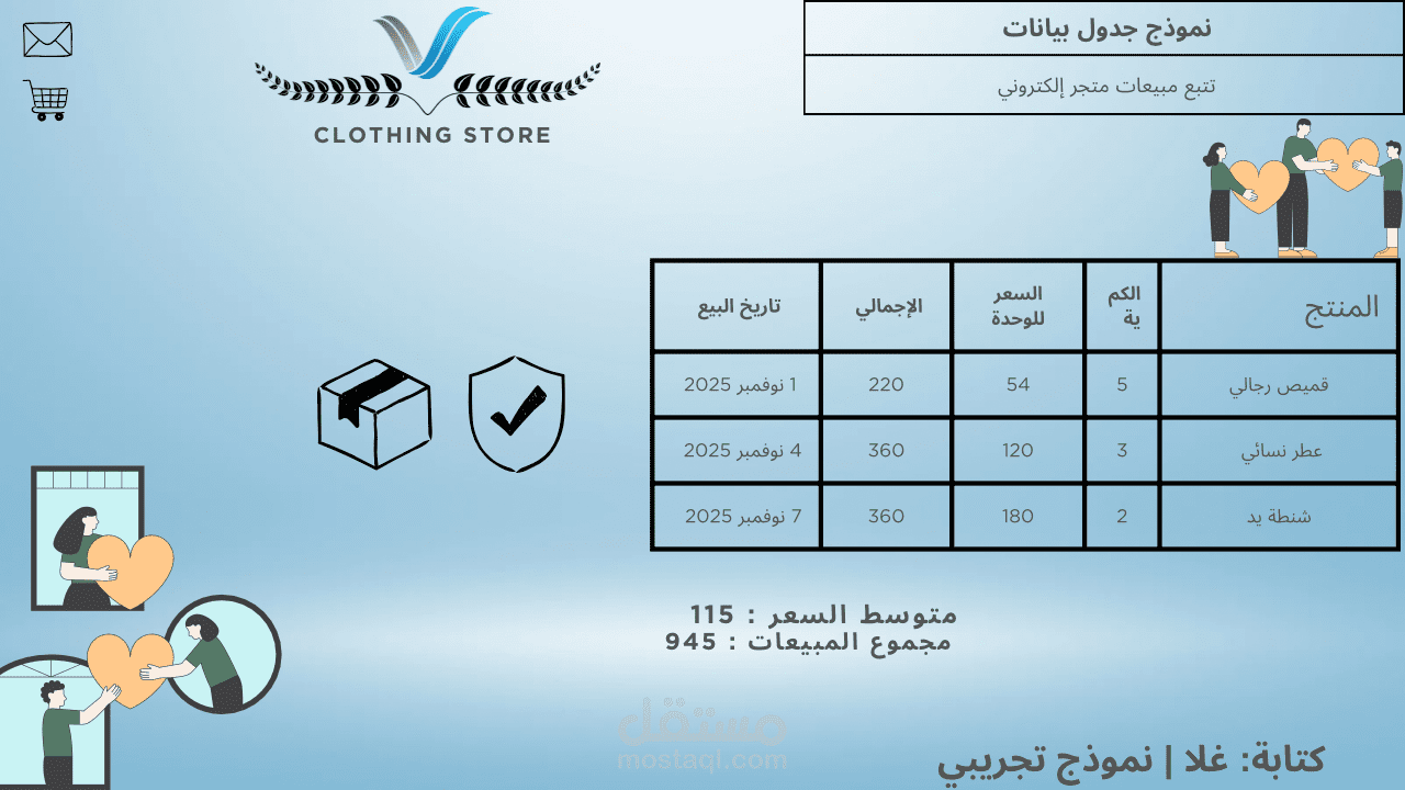 نموذج جدول بيانات لمبيعات متجر إلكتروني