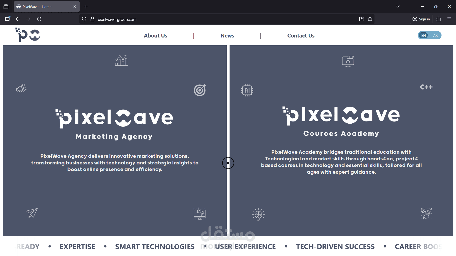 تطوير موقع Pixelwave Group ولوحة تحكم إدارية باستخدام Next.js وPHP