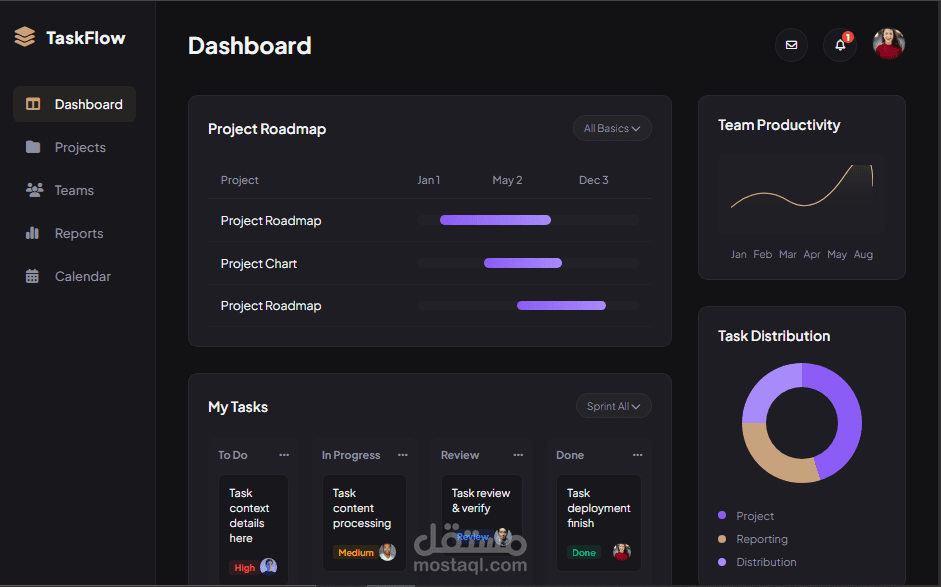 منصة TaskFlow الاحترافية لإدارة وتتبع المشاريع (تطوير واجهات - Frontend)