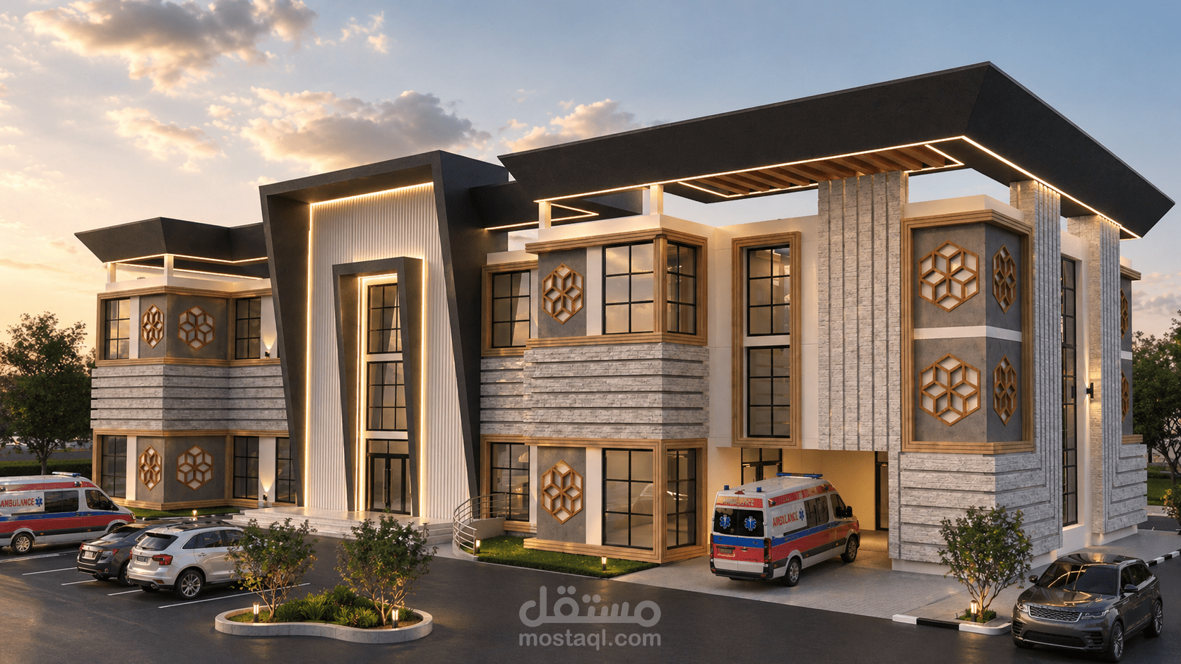 تصميم وإظهار معماري ليلي لعيادة طبية بتفاصيل واقعية وإضاءة مدروسة.