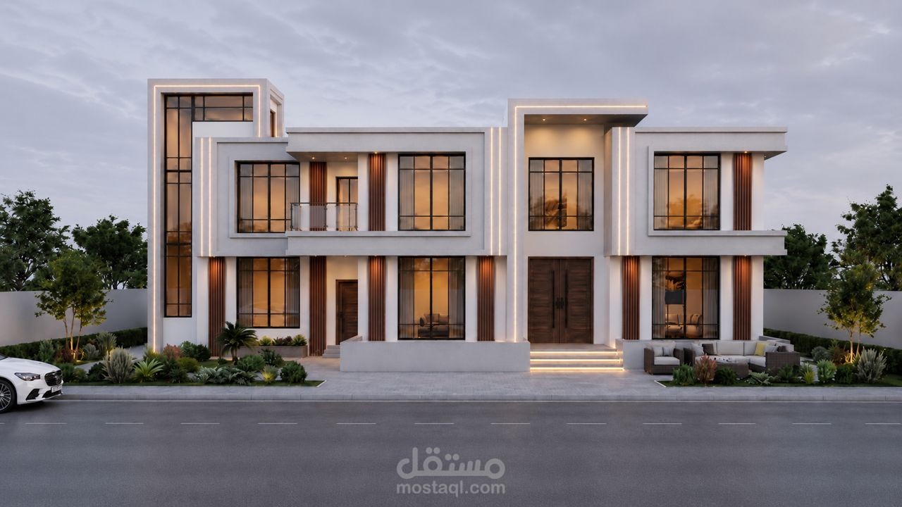 تصميم واجهة فيلا مودرن وإظهار معماري فائق الواقعية (Ultra-Realistic)