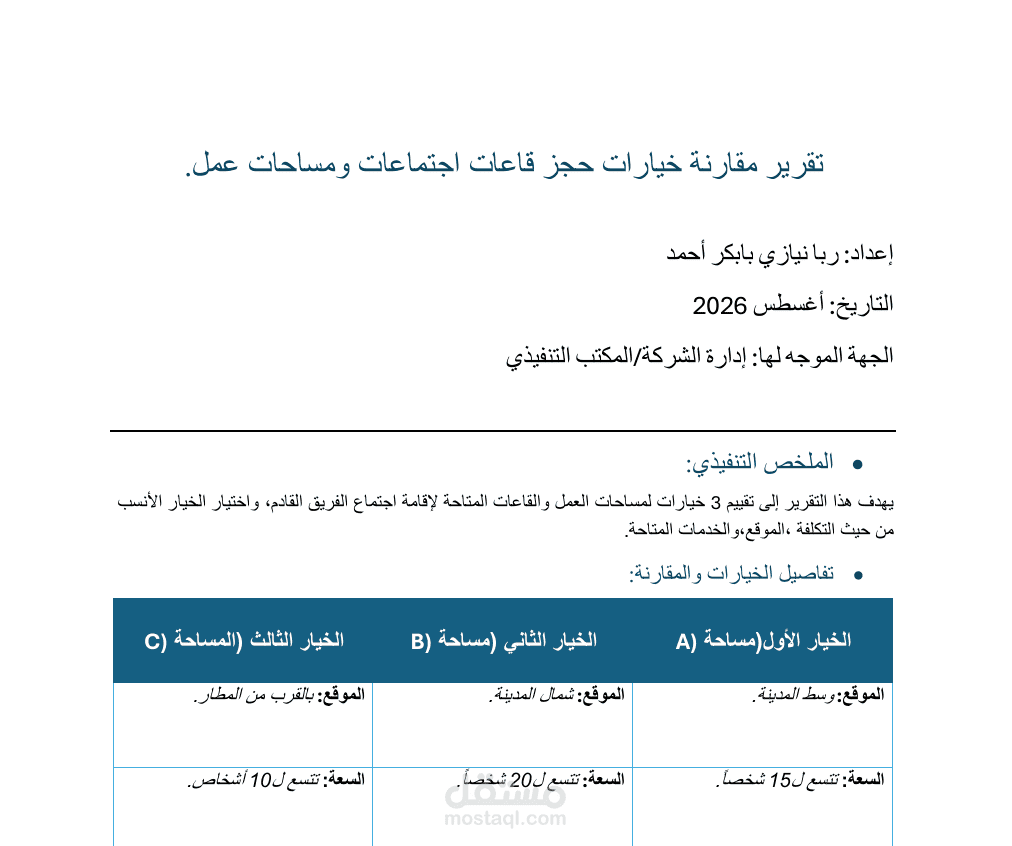 تقرير مقارنة قاعات اجتماع لاجتماع الإدارة القادم.