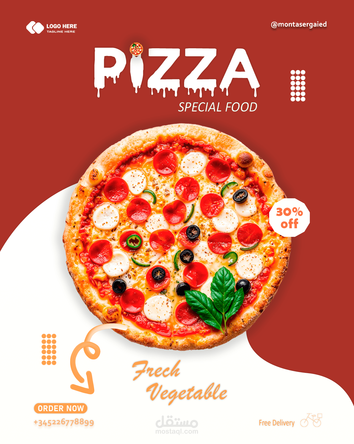 هذا وصف دقيق للصورة المرفقة، وهي عبارة عن تصميم إعلاني (Social Media Post) لمنتج البيتزا: