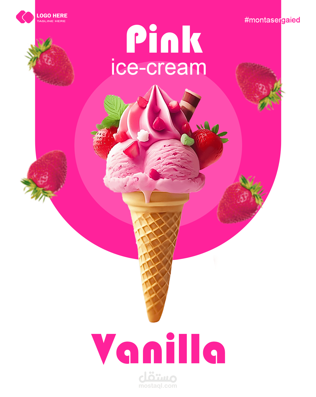 إليك وصف دقيق وتفصيلي للصورة المرفقة، وهي عبارة عن تصميم إعلاني (Social Media Post) لمثلجات (آيس كريم):