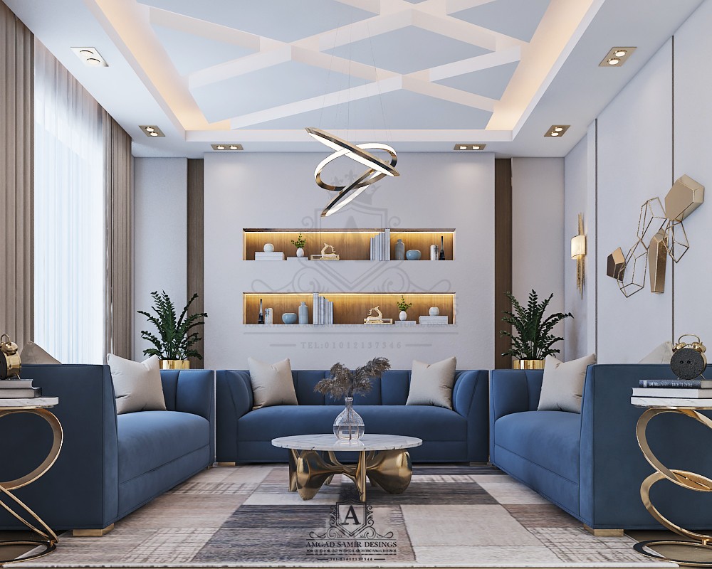 تصميم  مودرن لصالة عائلية بمساحة صغيرة  لفيلا بجدة مع تقديم مقترحين لديكورها .