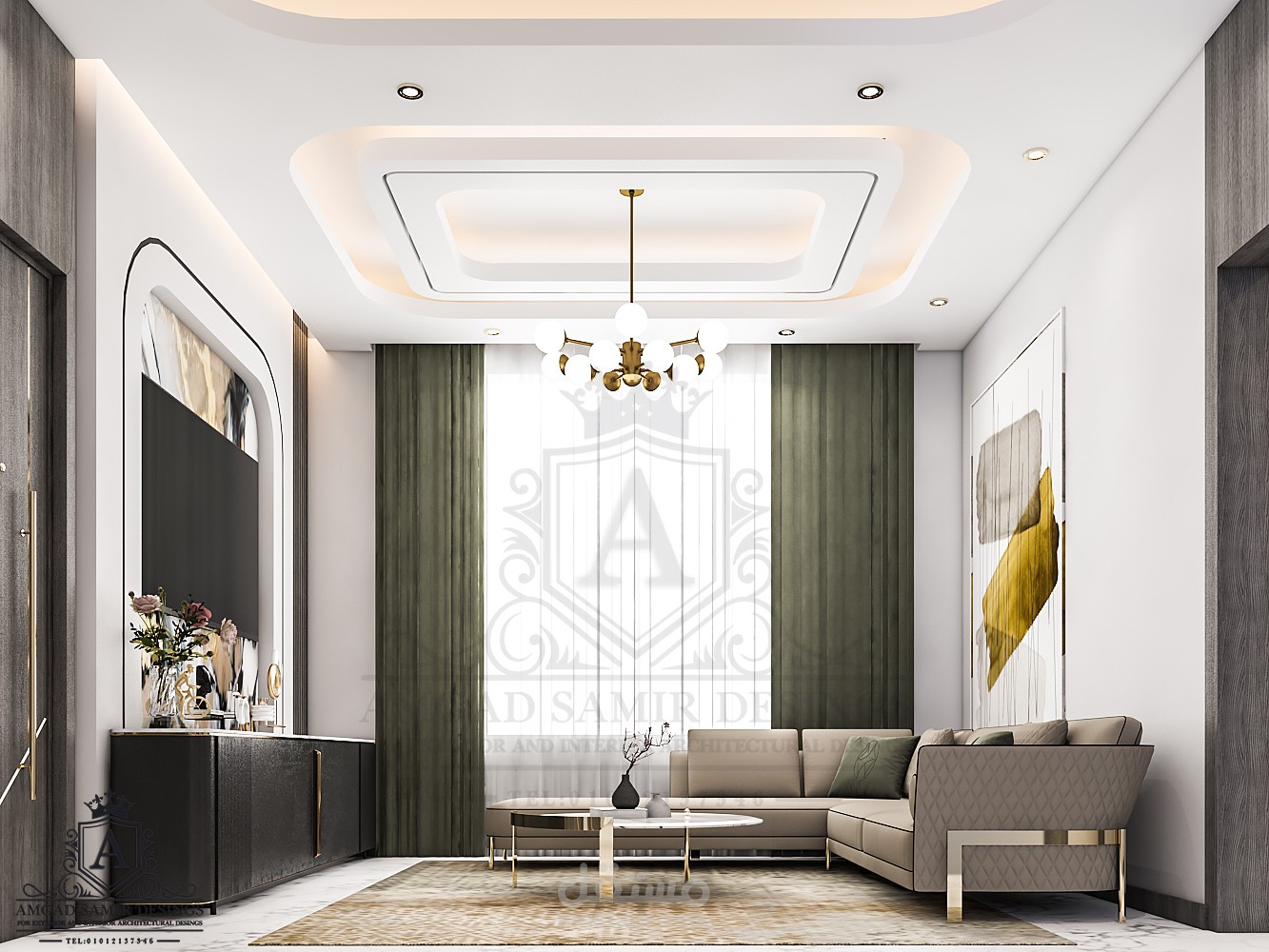 تصميم مودرن لصالة معيشة بدور اول  لفيلا  بالرياض  بروح مختلفة