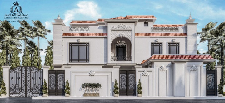 تصميم نيو كلاسيك لواجهة فيلا عظم بالسعودية و صور تنفيذها طبقا لرسومنا التنفيذية