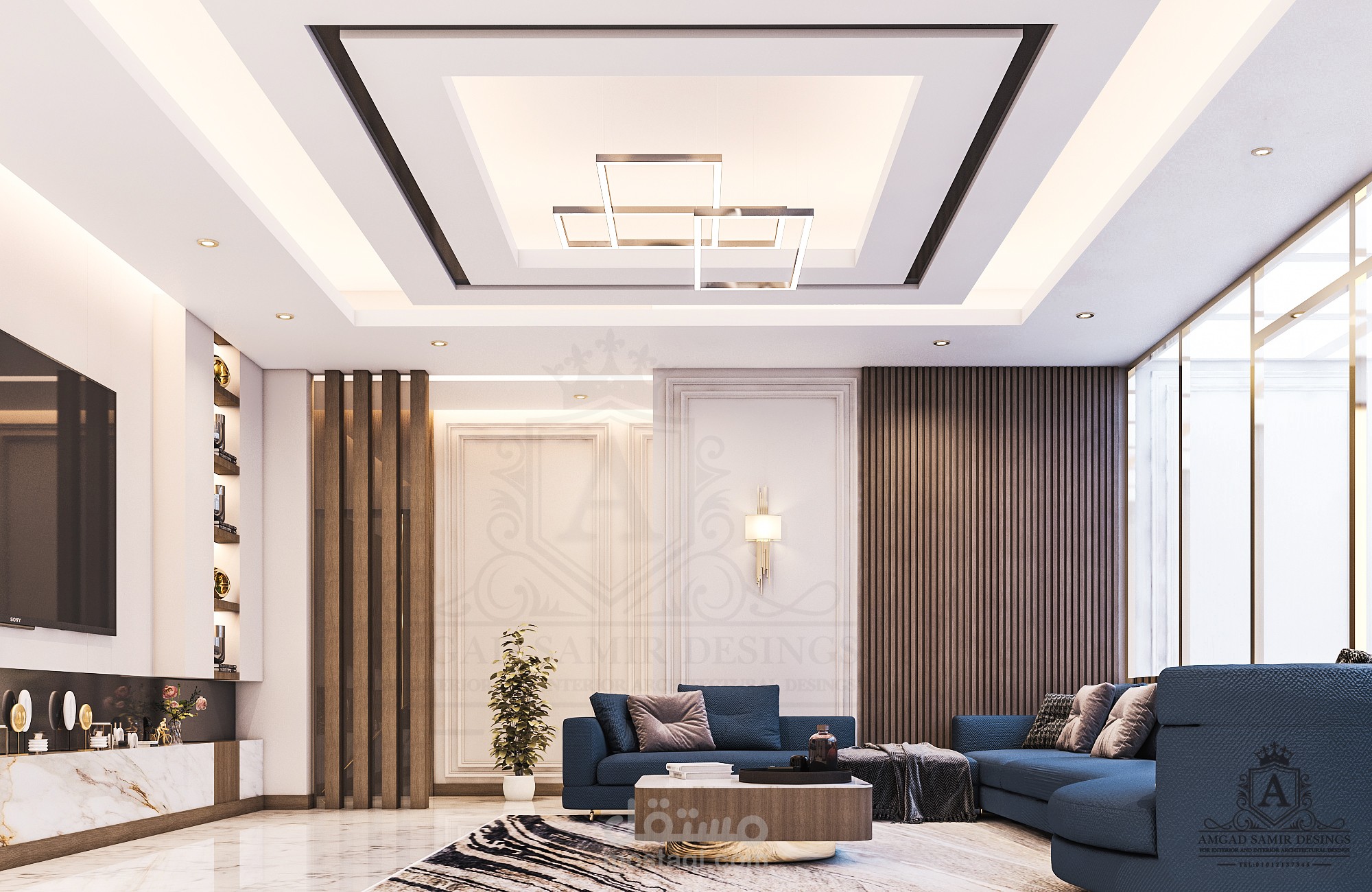 من أعمالنا تصميم صالة عائلية دور اول "نيو كلاسيك مودرن "