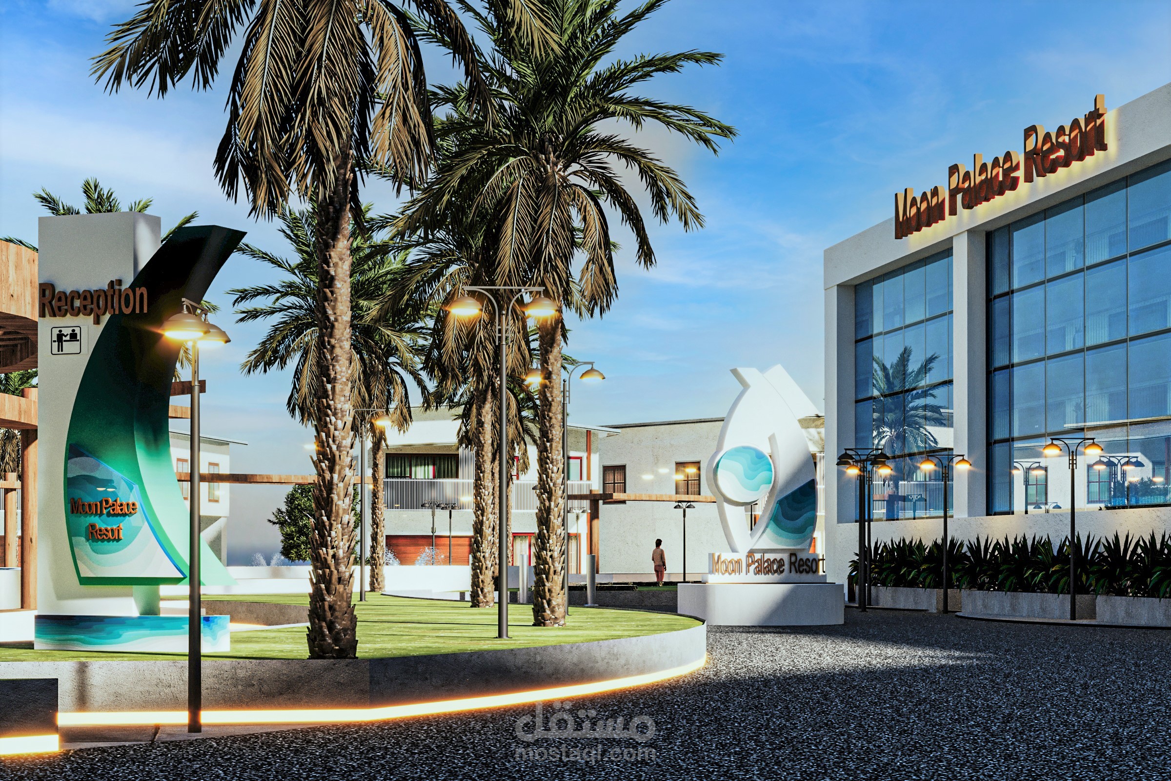 Exterior landscape design of a coastal tourist village on the northern coast of Egypt