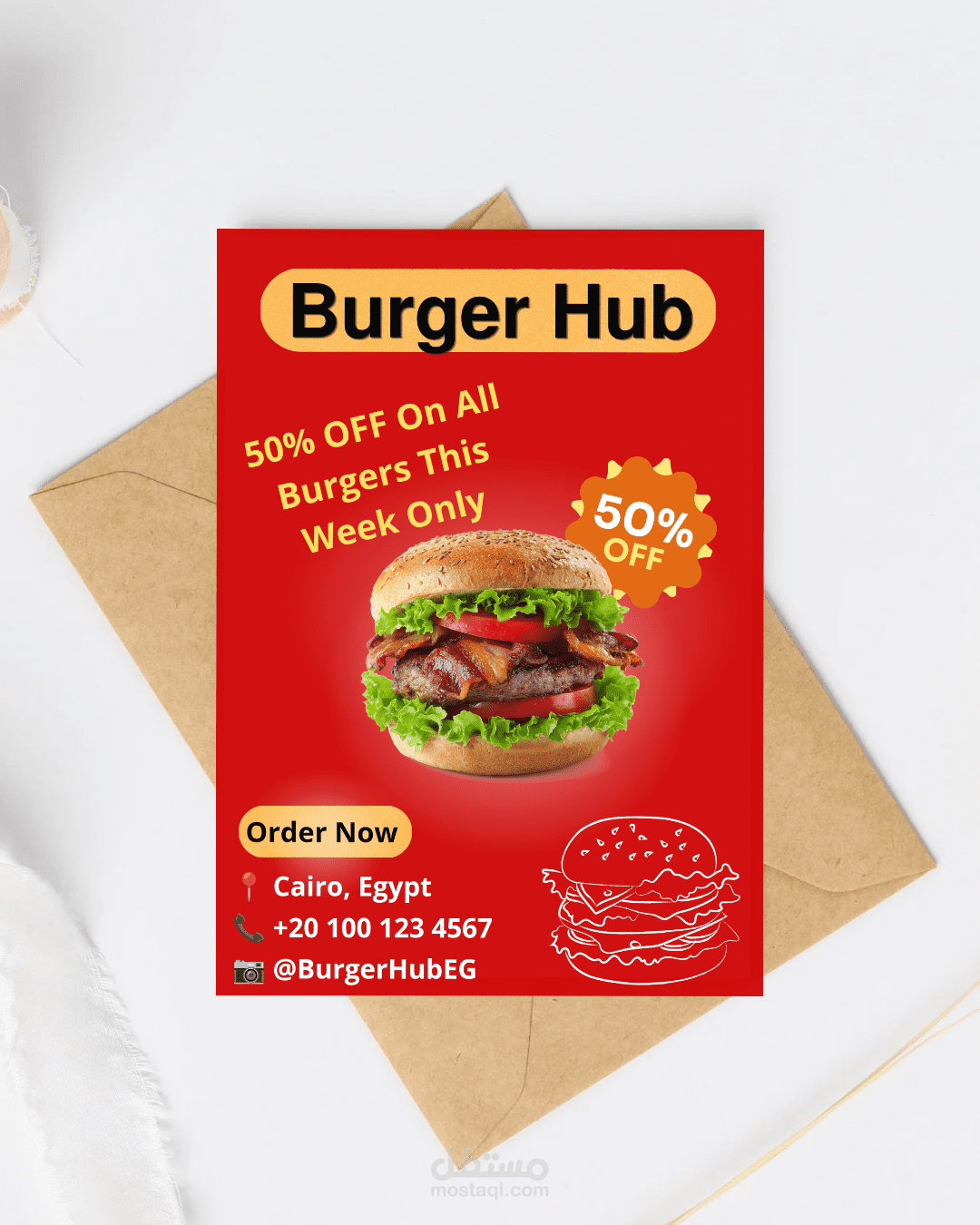 تصميم فلاير إعلاني جذاب لمطعم وجبات سريعة (Burger Hub)