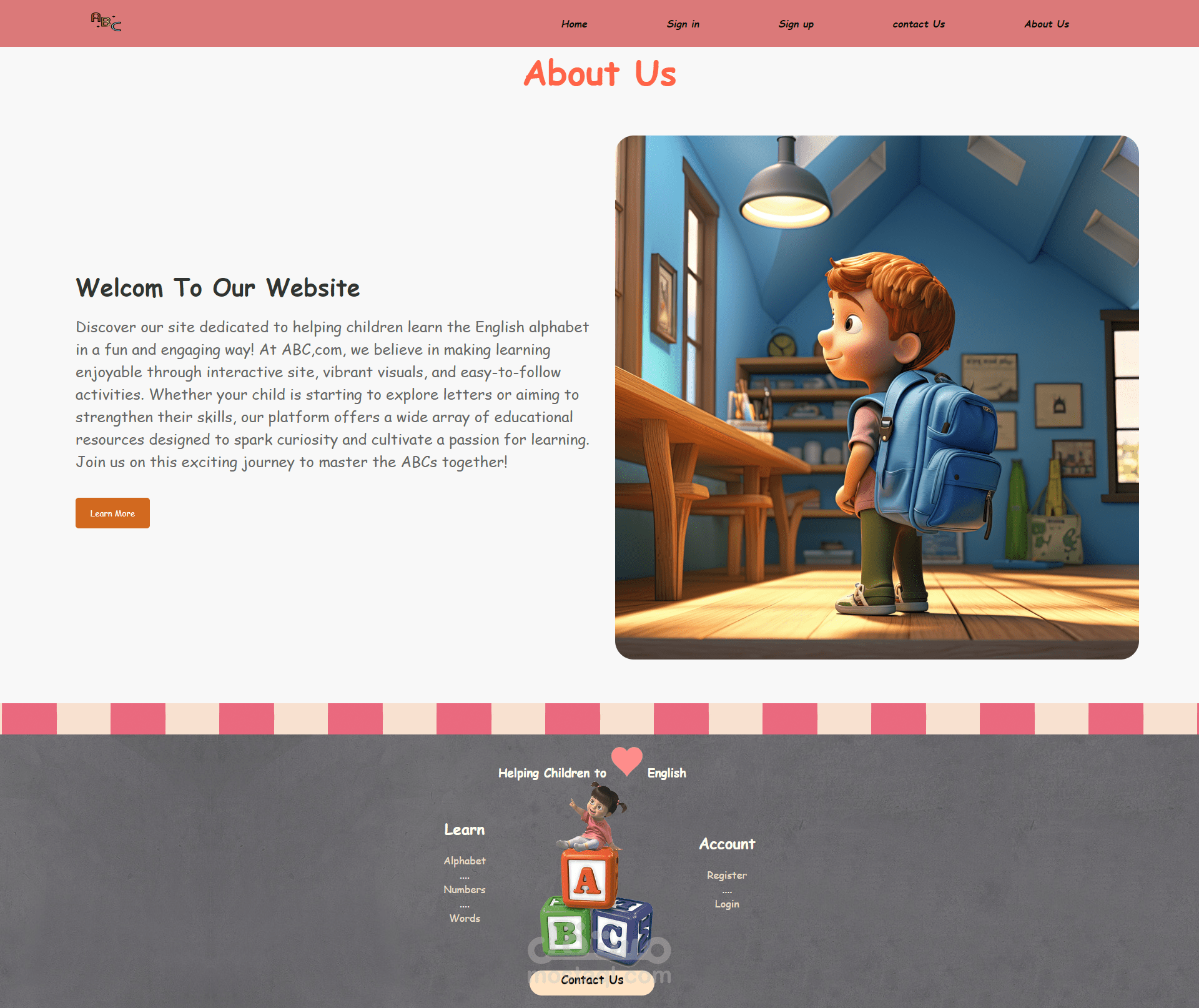 إنشاء صفحة About us على منصة مبتكرة لتعليم الأطفال الحروف الإنجليزية بطريقة ممتعة وتفاعلية باستخدام HTML وCSS