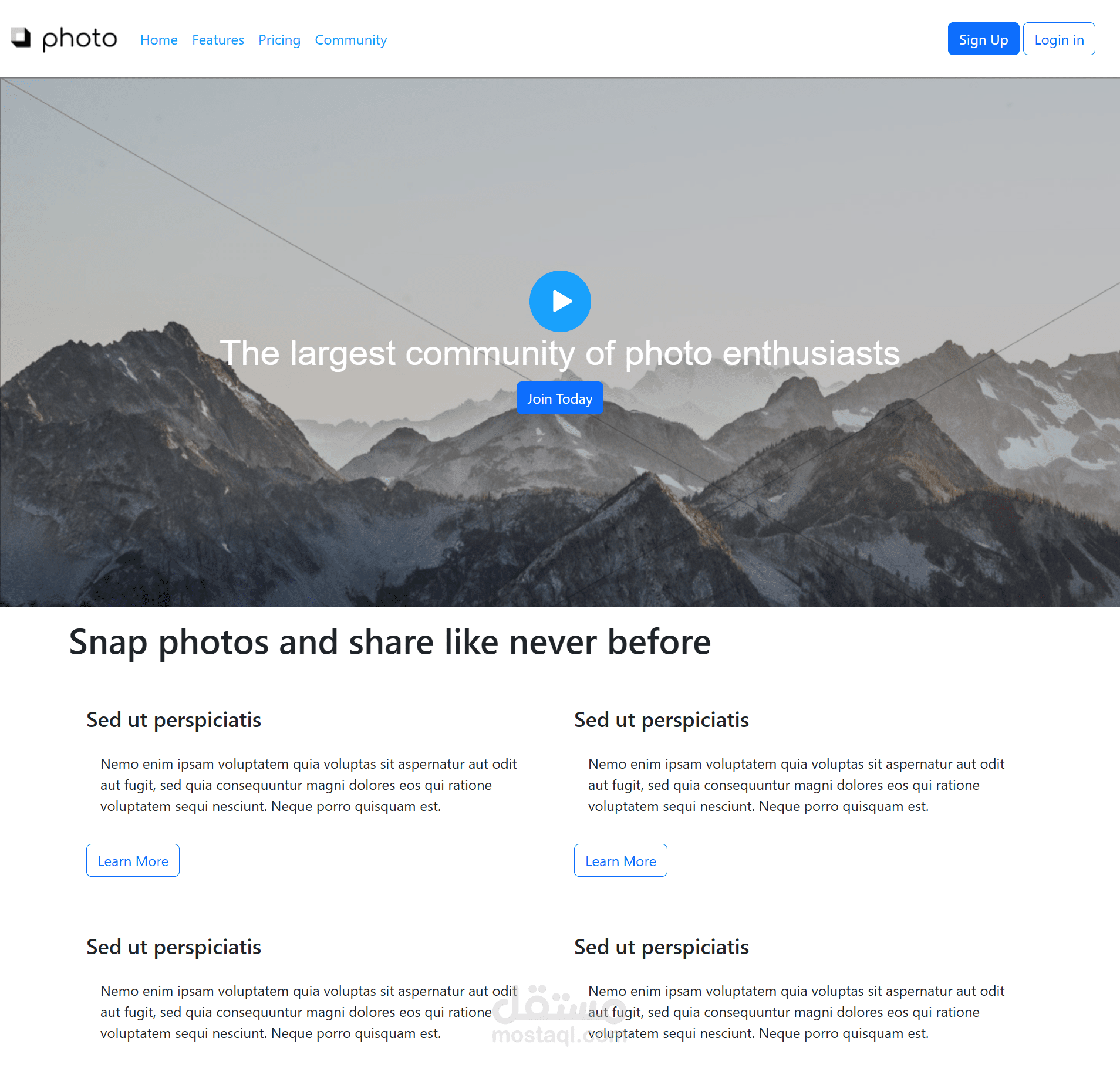 Homepage Responsive  Design for a Photography Enthusiast Community – Designed in Figma and Converted to Code Using  HTML, CSS, JS, and Tailwind