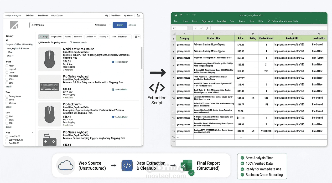 برمجة سكربت Python لكشط واستخراج بيانات المنتجات من موقع eBay وتصديرها لـ Excel