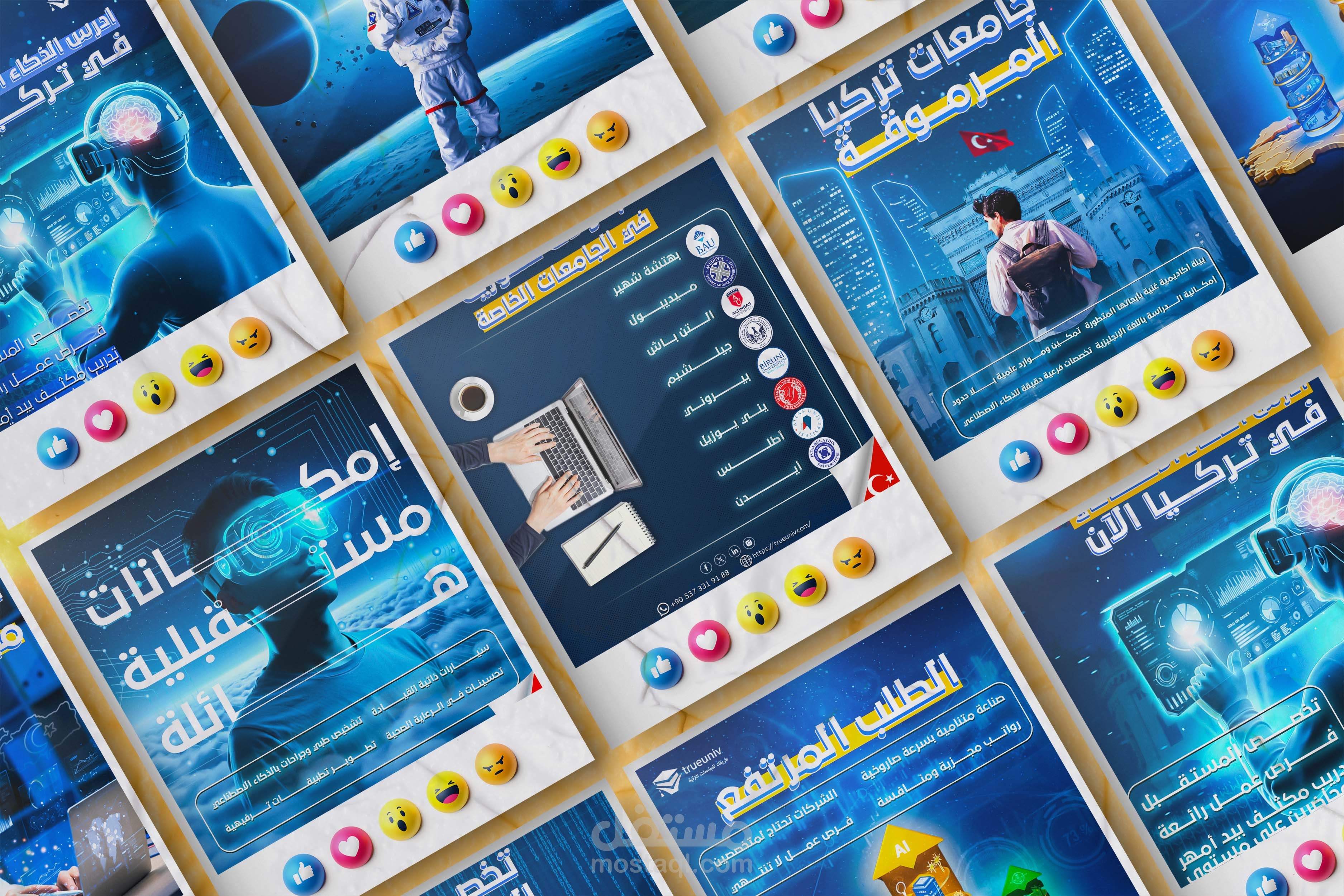 مجموعة متنوعة من تصميمات السوشيال ميديا الخاصة بشركة خدمات طلابية