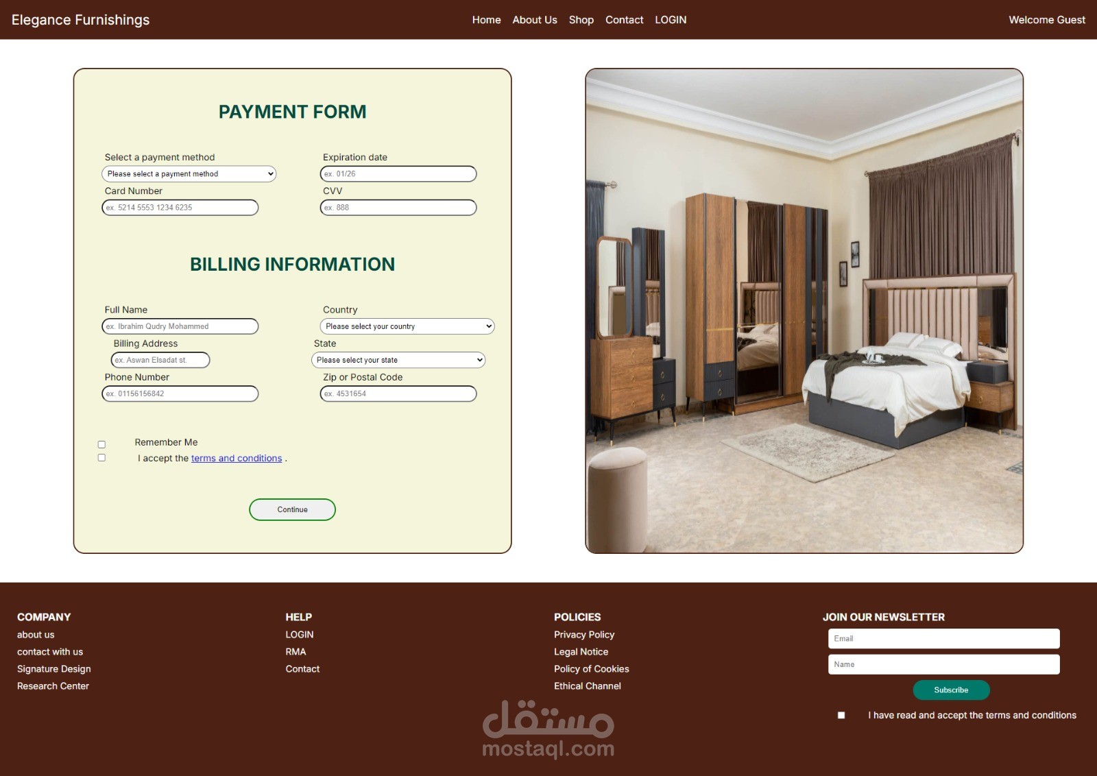 صفحه Payment Form لأثاث منزلي