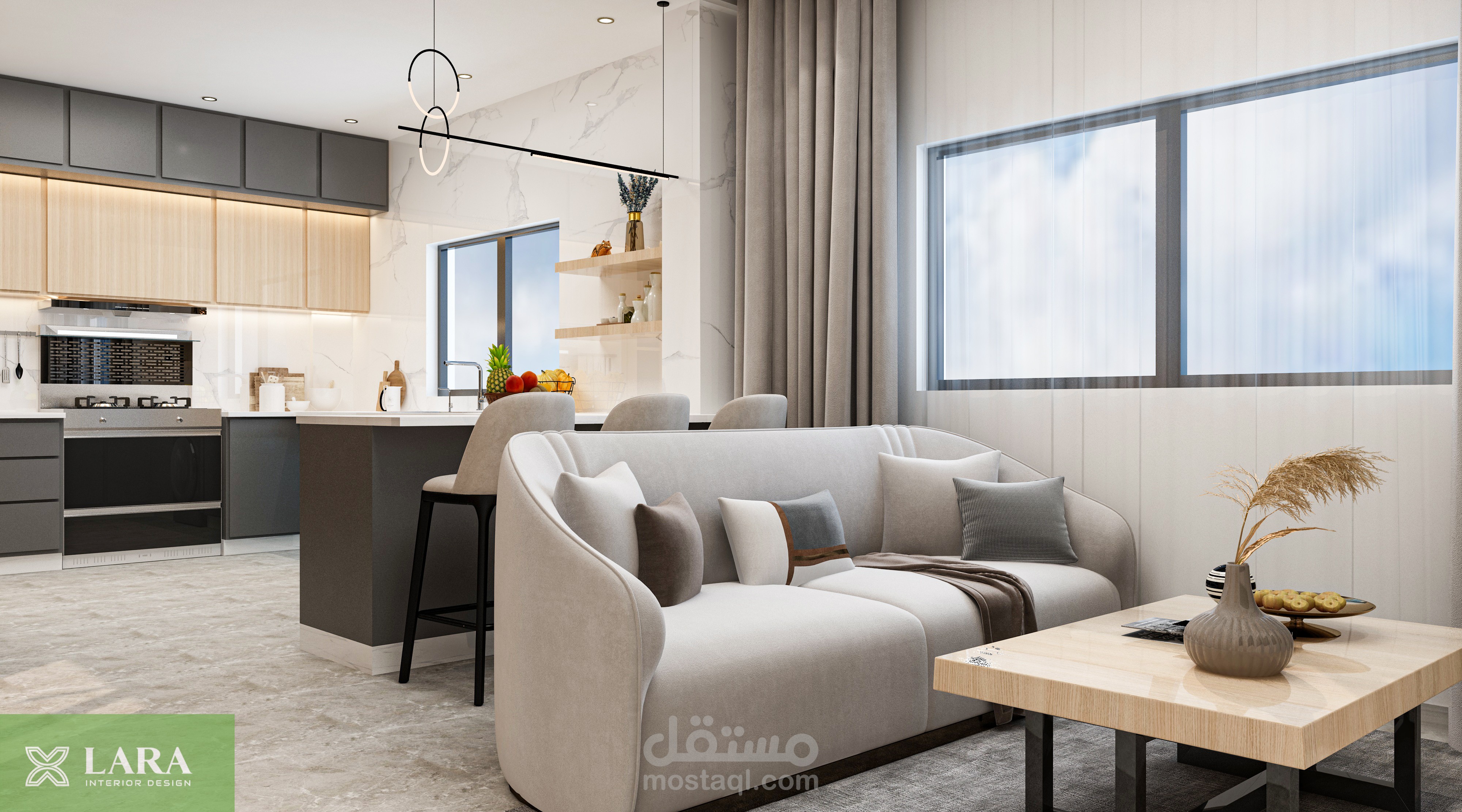 تصميم مطبخ مفتوح على غرفة معيشة