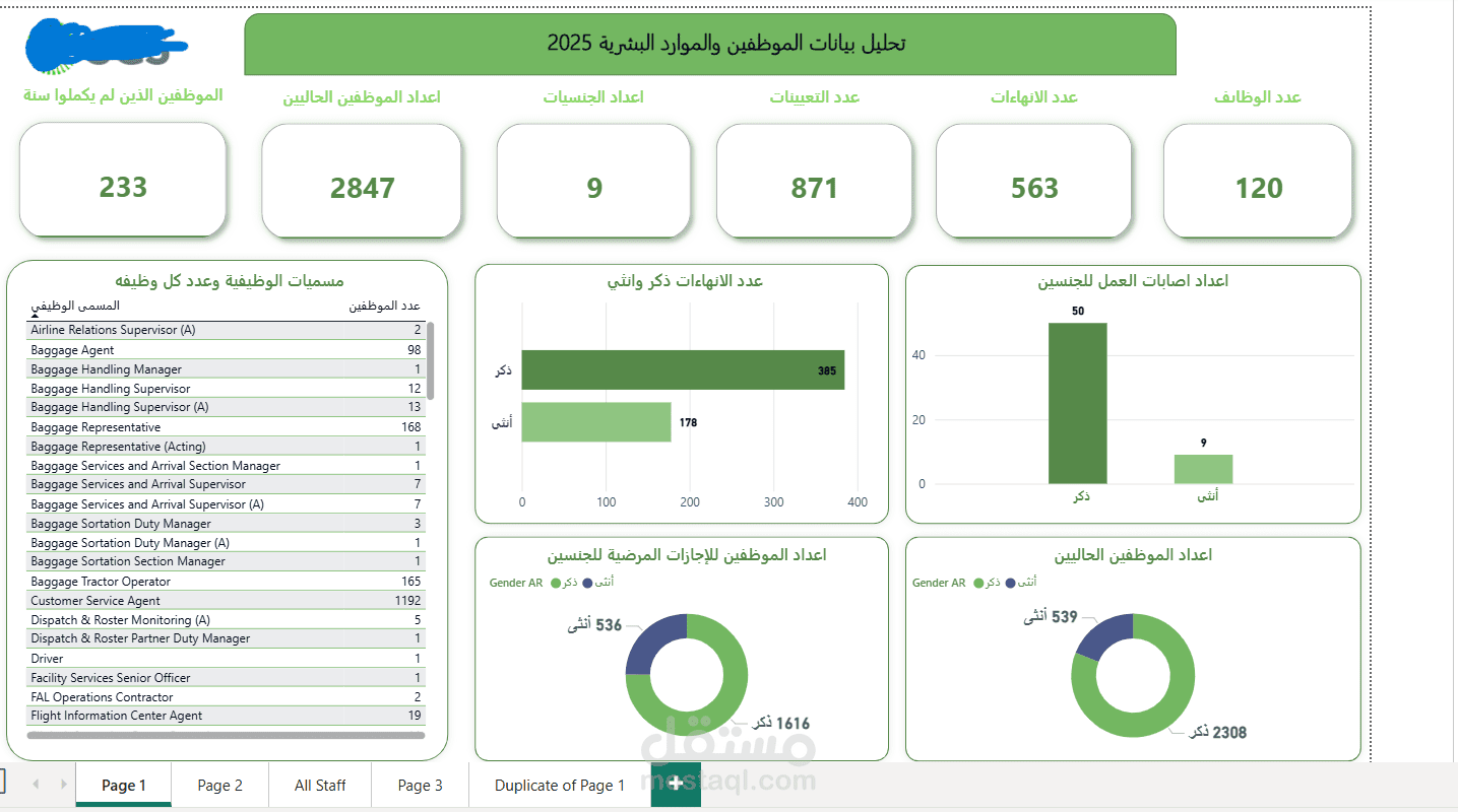 تحليل بيانات الموظفين والتعيينات والانتهاءات باستخدام Power BI and excel احترافي