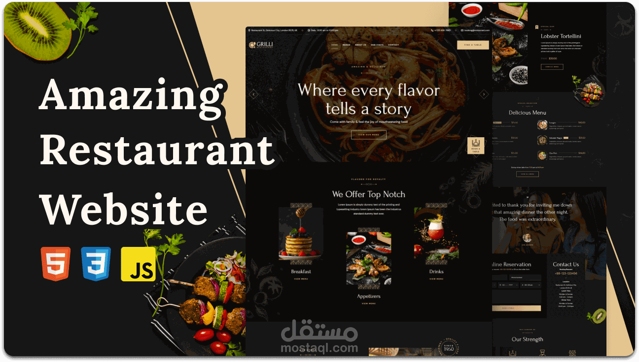 موقع مطعم عصري متجاوب | تصميم واجهة أمامية احترافي (HTML, CSS, JS)