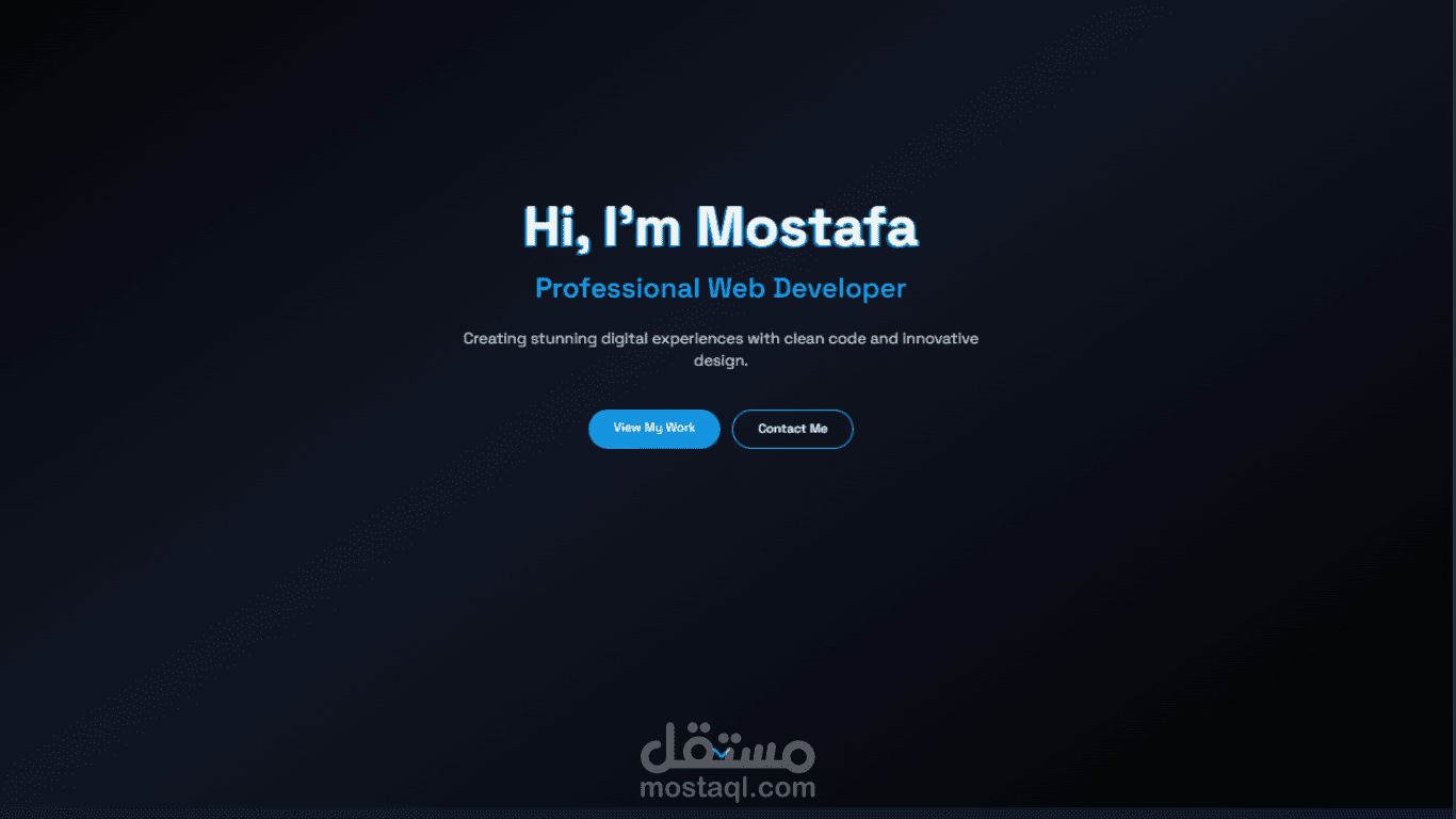 صفحة بورتفوليو شخصية بتصميم حديث ومظلم (Dark Mode) لمطور ويب باسم Mostafa. تم تنفيذ التصميم باستخدام HTML وCSS فقط مع تركيز على البساطة والوضوح في عرض المعلومات.