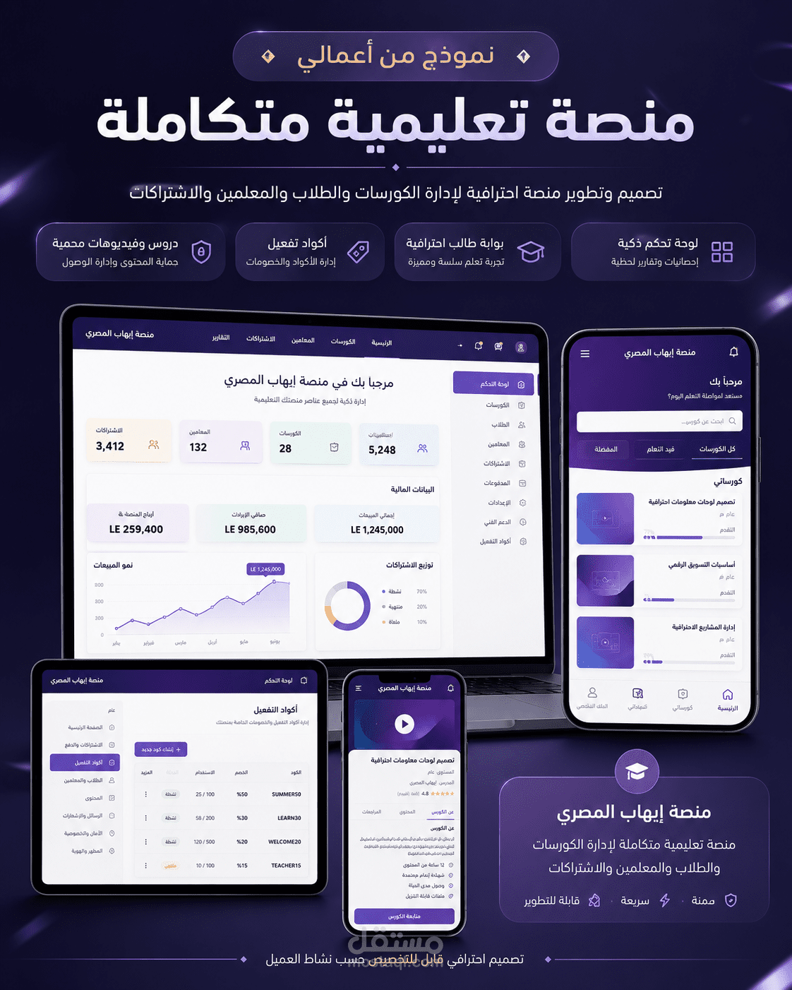 تصميم وتطوير منصة تعليمية احترافية متكاملة لإدارة الكورسات والاشتراكات والطلاب