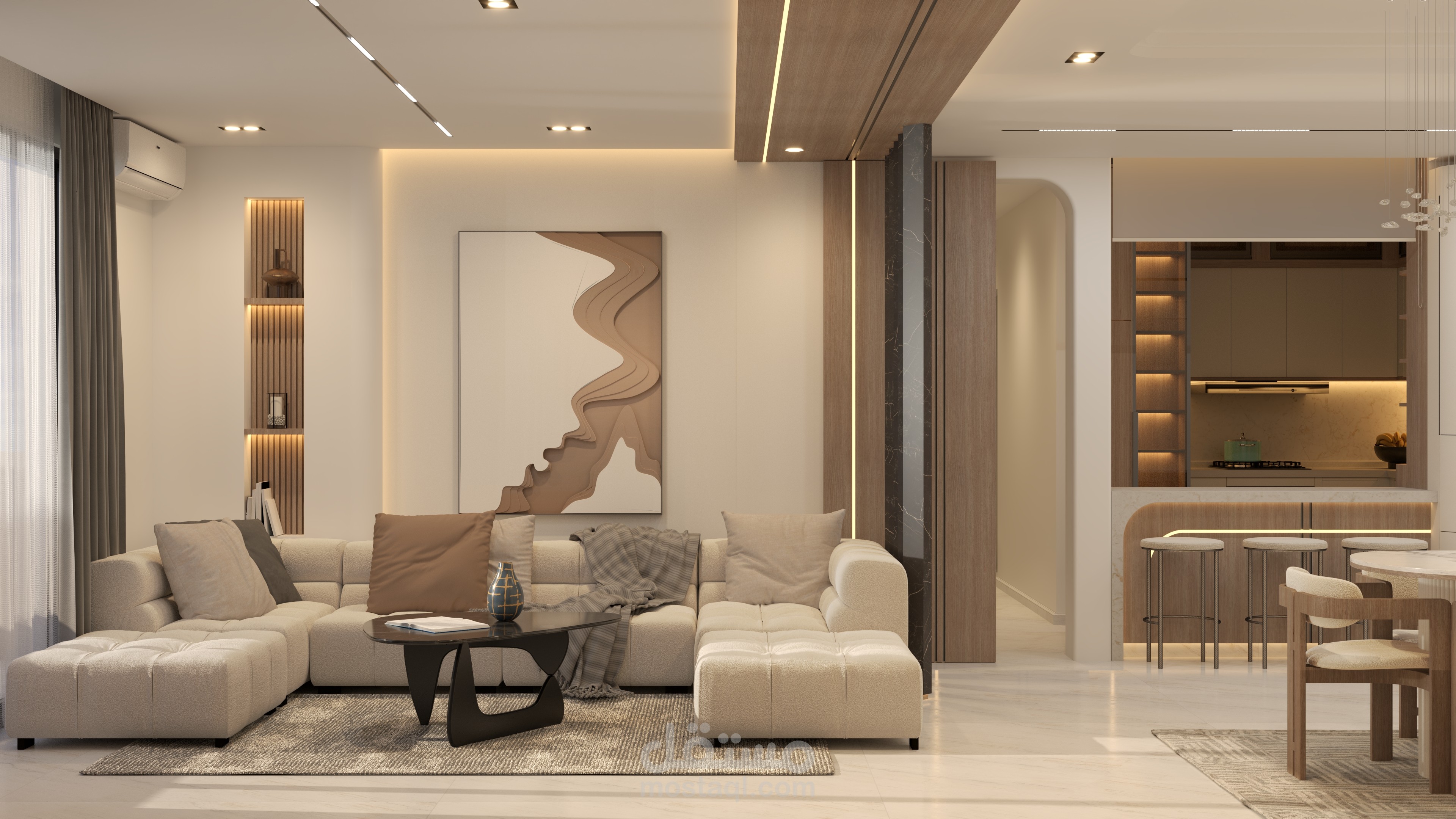 تصميم ريسبشن + مطبخ مفتوح + مخططات