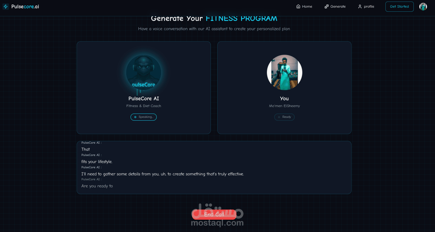 PulseCore : منصة ذكية لإدارة اللياقة البدنية والتغذية مع تجربة مستخدم شخصية وتفاعلية باستخدام الذكاء الاصطناعي AI.