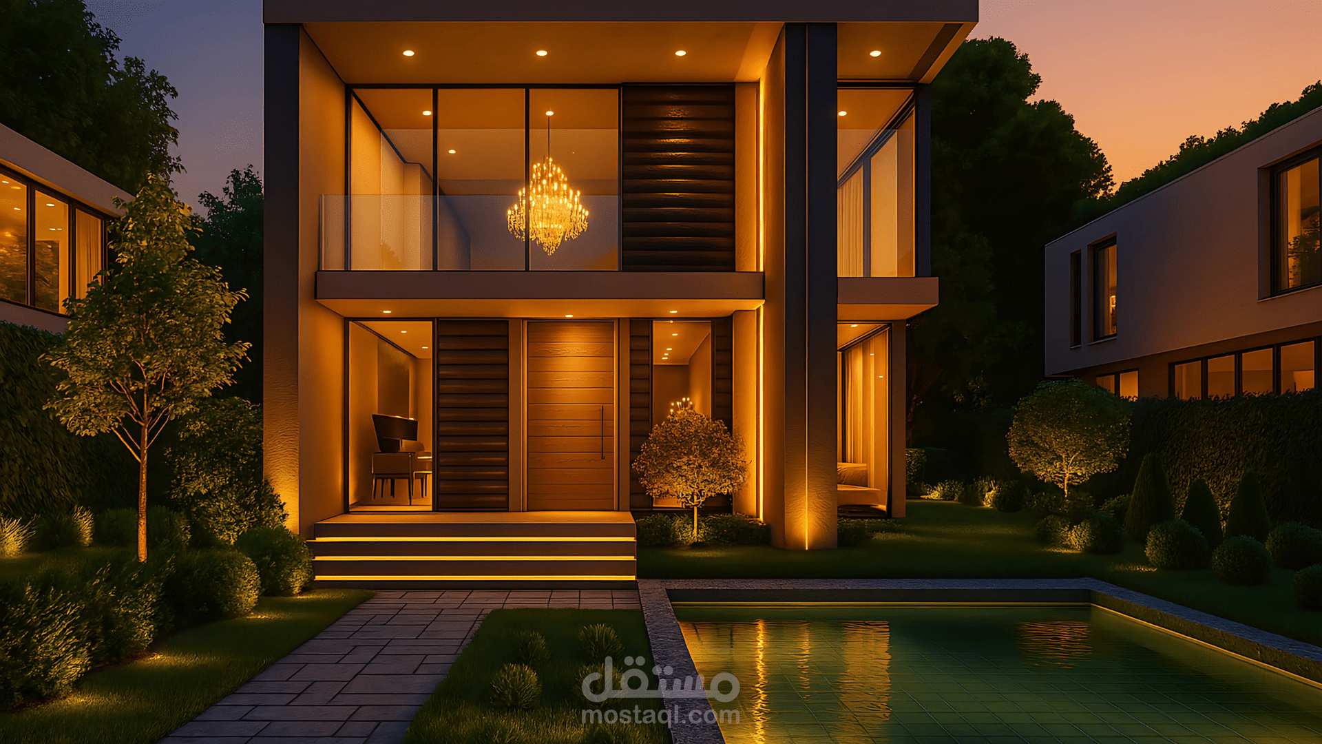 تصميم فيلا سكنية كاملة (داخلي، خارجي، ولاندسكيب)