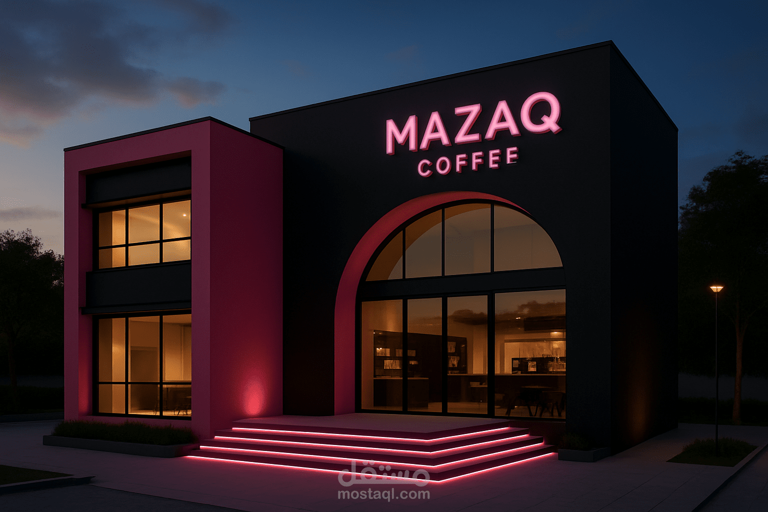 تصميم واجهة كافيه حديثة مع إضاءة خارجية جذابة